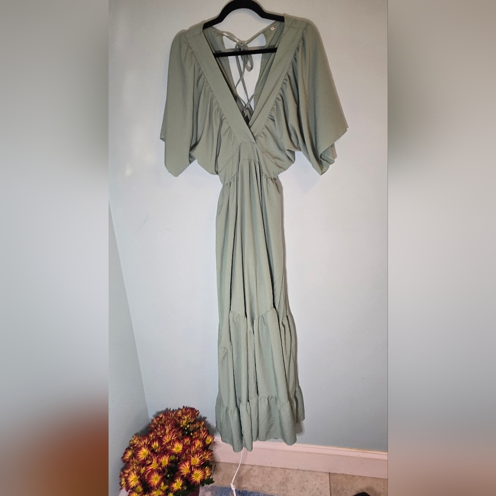 Sage Green Tie Back Maxi Dress Bohemian Holiday Festive Maternity - Picture 2 of 10